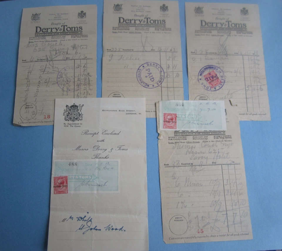 Lot of 5 Old 1913 - DERRY & TOMS Kensington LONDON - Bill Documents - STAMPS - Image 1 of 1