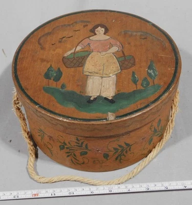 Antigua caja despensa pintada a mano arte popular americano siglo XIX madera doblada con tapa Foto 1 de 4