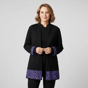 MING WANG Black Purple Knit Cardigan Zebra Knitwear Longline Career Size 2X - Picture 1 of 11