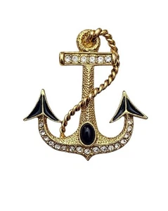 Gold Tone Anchor Brooch, Clear Rhinestone Blue Enamel Oval Cabochon Pin - Picture 1 of 9