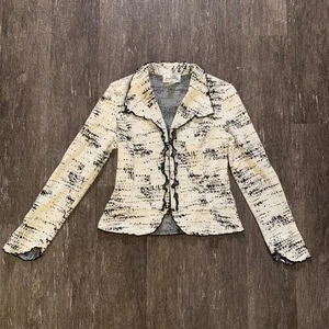 Chaqueta De Colección Joseph Ribkoff Negra Blanca Texturizada Volantes Cremallera Mujer Talla 6 - Imagen 1 de 6
