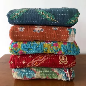 5 Pcs Lot Reversible Vintage Kantha Quilt Multicoloured Single Bed Runner - Picture 1 of 4