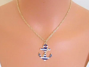 Beautiful NAUTICAL NAVY & WHITE STRIPE ANCHOR on Delicate GOLD Tone Link Chain - Picture 1 of 6