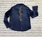 Bleuh Ciel Womens Size M Navy Floral Embroidered Velvet Button Up Shirt