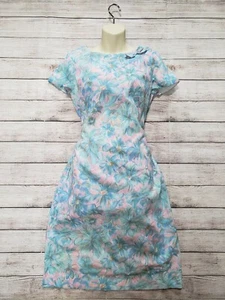 Vintage 60s 70s Floral Bow Accent Pink Blue Short Sleeve Pastel Shift Dress SM - Picture 1 of 6