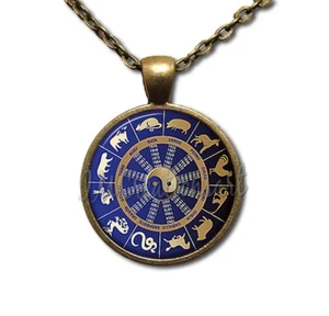 Chinese Zodiac Horoscope Celestial Signs New Year - Round Glass Pendant Necklace - Picture 1 of 10