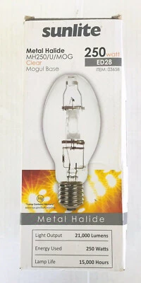SUNLITE 250W  MH250/U/MOG ED28 Mogul  Base Clear Metal Halide Bulb - Image 1 of 4