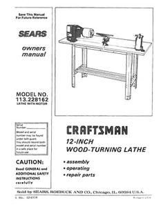 Craftsman 113.228162 Wood Lathe with motor Manual - Picture 1 of 1