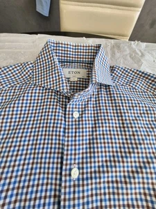 Eton Slim Fit Long Sleeve Blue Gingham Check Dress Shirt Size 39/15.5 - Picture 1 of 11