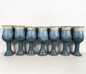 Set Of 7 POTTERY ART STUDIO STONEWARE GOBLETS CHALICE WINE CUPS - Picture 1 of 24