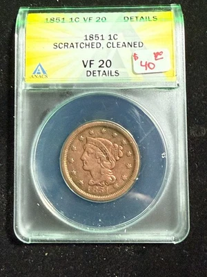 1851 BRAIDED HAIR LARGE CENT ANACS VF 20 DETAILS SCRATCHED CLEANED - Image 1 of 4