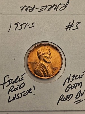 wheat penny 1951S LINCOLN CENT GEM RED BU 1951-S NICE FIRE RED UNC LOT #3 - Image 1 of 3