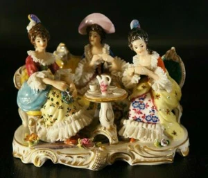 Antique Dresden VOLKSTEDT Porcelain Figurine Three Lady Having Tea Time . - Picture 1 of 11