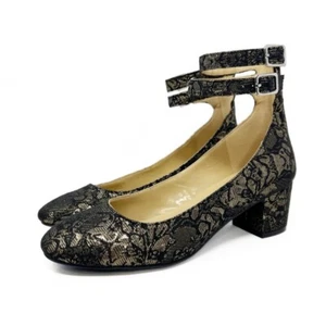 Marc Fisher Kary Block Heels Womens 6 Black Gold Lace Embroidered Ankle Straps - Picture 1 of 11