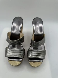 Jimmy Choo Silver Braided Print Leather Cork Wedge Sandal Women Sz 36.5/ 6.5 - Picture 1 of 9