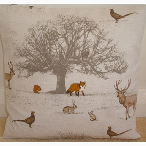 16" Cushion Cover Stag Fox Owl Squirrel Pheasant Rabbit Tree Taupe Woodland - Picture 1 of 1