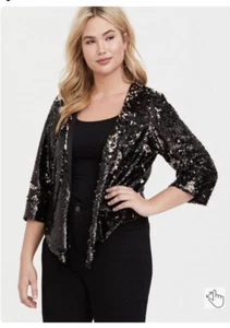 Neu mit Etikett Torrid schwarze zweifarbige Pailletten drapierte Jacke Größe 00/0 (10-12) - Bild 1 von 14