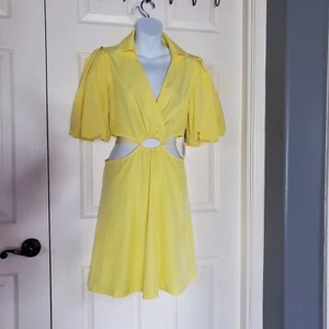 Milk & Honey Cut-Out Poplin Mini Dress Short Puff Sleeves Yellow Size Small - Picture 1 of 11