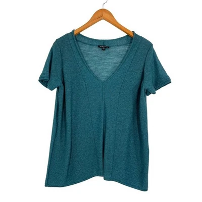 Eileen Fisher 100% 羊毛蓝绿色短袖 V 领意大利纱线上衣女式 L 码 — 第 1/4 张图片