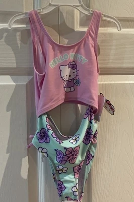 Hello Kitty By Sanrio Girls 1 Piece Swimsuit Bathingsuit Pink Green Size 4/5 - Image 1 of 4