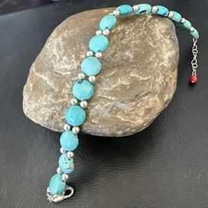 A Womens Blue Turquoise Bead Southwestern Sterling Silver Link Bracelet 8" 17233 - Picture 1 of 12