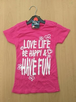 GIRLS FUSCHIA PINK LOVE LIFE BE HAPPY T-SHIRT SUMMER TOP 100% COTTON 3-4 YEARS  - Image 1 of 2