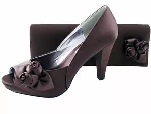 Ladies Wedding Party Heel Shoe Evening Shoes Peep Toe Brown Satin NEW - Picture 1 of 1
