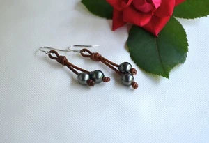 Tahitian Pearls Leather Long Dangling Earrings Tahiti Pearl Earrings For Her - Picture 1 of 7