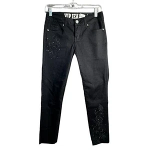 VIP Jeans 5/6 Womens Juniors Size Black Denim Skinny Stretch Embroidered Stones - Picture 1 of 13