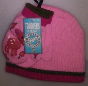 PARIS TODDLERS 2 PC SET 1 HAT 1 PR MITTENS 1 SZ DEER PINK W/ STRIPES A-21 - Picture 1 of 2