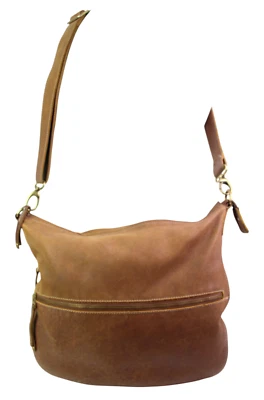 ROOMY Roots TAN BROWN GENUINE LEATHER ZIP TOP X-BODY SHOULDER BAG PURSE CLUTCH - Image 1 of 4