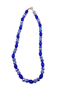 Cobalt Blue Faceted Crystal Glass Rhinestone Accents Choker Beaded Necklace 21" - Picture 1 of 24
