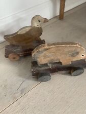 Vintage Wooden Pull Toy-Duck and Pig on Wheels