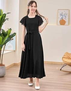 GORLYA Girls Scoop Neck Ruffle Sleeve Flowy Party Long Maxi Chiffon Dress 14Y - Picture 1 of 14
