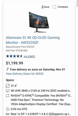 Alienware AW3225QF 32 Inch QD-OLED Curved 4K UHD 240Hz G-SYNC Gaming Monitor - Image 1 of 4