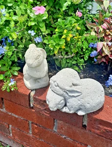Vintage Cement Garden Bunnies Set Of Two Concrete Rabbits Adorable - Picture 1 of 14