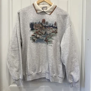 Vintage Morgensonne Kragen Rundhalsausschnitt grau Oma Kern Neuheit Vögel groß - Bild 1 von 9