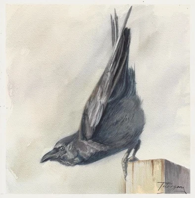 оригинальная картина 29,5 x 30 см 101OrG художественная акварель современный птица ворон - Изображение 1 из 3