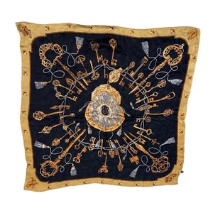 Vintage 100% Silk Scarf Multicolor Black Keys Print Gold Border Square 35" - Picture 1 of 9