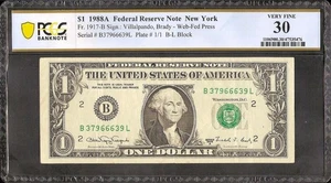 1988 A $1 KEY B-L BLOCK WEB FED EXPERIMENTAL PRESS NOTE MONEY Fr 1917-B PCGS 30 - Picture 1 of 2