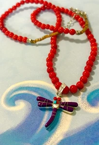 Navajo Sterling Silver Purple Spiny Oyster DRAGONFLY 925 Pendant Coral Necklace - Picture 1 of 3