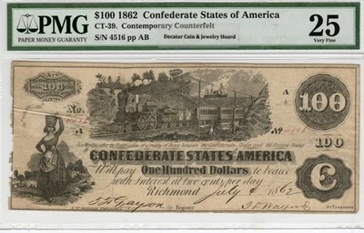 CT-39 290A 1862 $100 Contemporary Counterfeit CSA Money - PMG VF 25 CTF IP stamp - Image 1 of 2