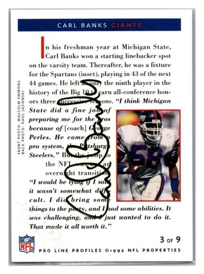 1992 Pro Line Profiles Auto Carl Banks (3 of 9) Auto TD0928 - Image 1 of 2