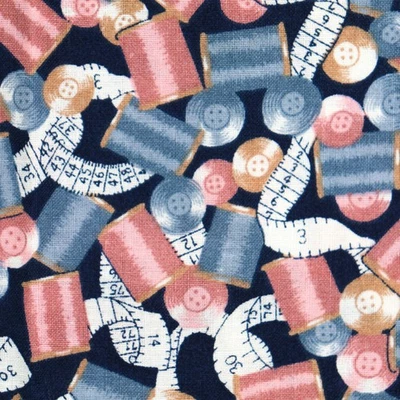 Cotton Fabric Quilting 27x45 Spools of Thread Measuring Tapes Country Pink Blue - Image 1 of 4