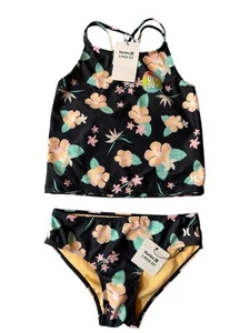 Hurley Swimsuit Girls 10 Black Floral 2 Piece Tankini Swimwear UPF 50 - Picture 1 of 2