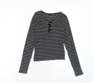 New Look Womens Black Cotton Blend Blouse Size 10 - Lace Up Neckl - Picture 1 of 12