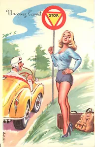 Postcard French Risque Humor Pin Up Style 374 Marquez L'Arret Hitch Hiking Woman - Picture 1 of 2