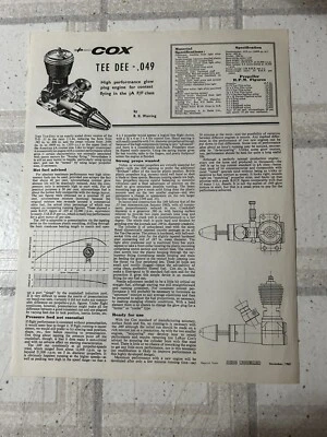 1962 COX THIMBLE DROME GAS POWERED TEE DEE .049 C/L HOBBY SHOP/DEALER SPEC SHEET - Image 1 of 2