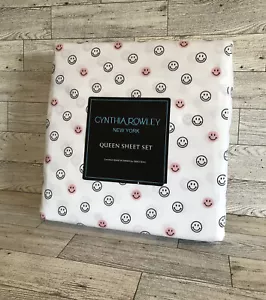 Nuovo set lenzuola regina Cynthia Rowley carine facce sorridenti rosa, bianco e nero 4 pezzi - Foto 1 di 3