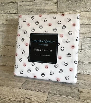 Nuevo Juego de sábanas Cynthia Rowley lindas caras sonrientes rosa, blanco y negro 4 piezas Queen Foto 1 de 3